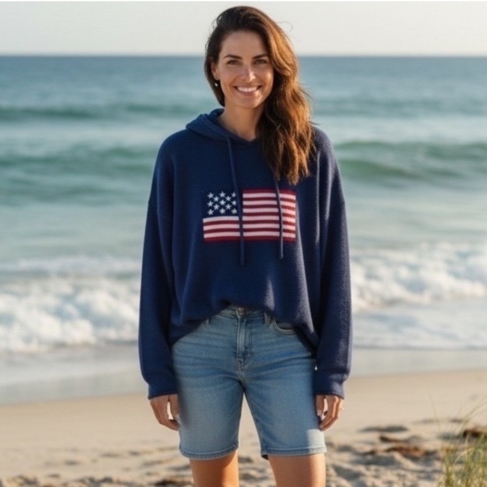 BRIT.NY American Flag Hooded Sweater XL Navy Blue 100% Cotton Knit Patriotic